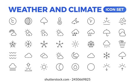 iconos de Clima. conjunto de iconos de previsión. Logo de Clouds. , nubes, día soleado, luna. Ilustración vectorial. Iconos de Clima para el Web. Símbolos planos de Clima de previsión. Juego de Vectores de pictogramas.