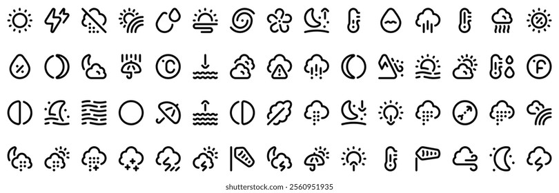 Weather icons. Weather forecast icon set. Clouds logo. Weather , clouds, sunny day, moon, snowflakes, wind, sun day. Vector illustration. EPS 10