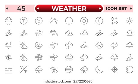 Weather icons. Weather forecast icon set. Clouds logo. Weather , clouds, sunny day, moon, snowflakes, wind, sun day. Outline icon set Collection. 
