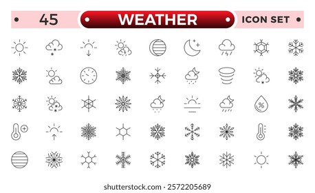 Weather icons. Weather forecast icon set. Clouds logo. Weather , clouds, sunny day, moon, snowflakes, wind, sun day. Outline icon set Collection. 
