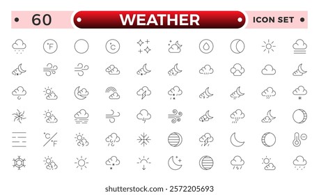 Weather icons. Weather forecast icon set. Clouds logo. Weather , clouds, sunny day, moon, snowflakes, wind, sun day. Outline icon set Collection. 
