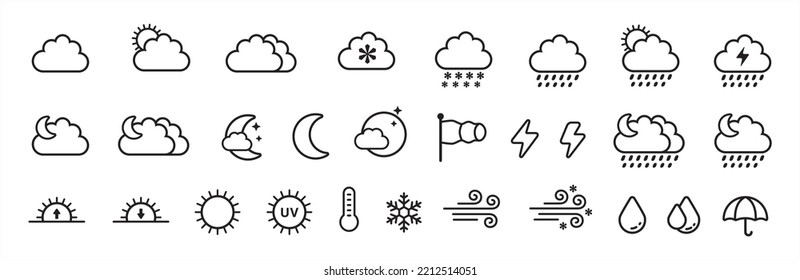 Weather icons. Weather forecast line icon set. Simple design for application and website button. Contains symbol of sunrise, sunset, sun, moon, rainfall, blizzard, snow, umbrella. Vector illustration