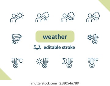 Weather icons. Weather forecast, meteorology, clouds, wind, rain, sunny vector icon set