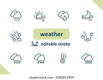 Weather icons. Weather forecast, meteorology, clouds, wind, sunny, rain vector icon set
