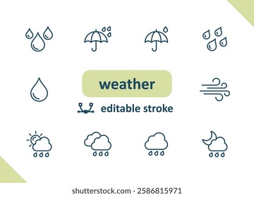 Weather icons. Weather forecast, meteorology, clouds, wind, rain, sunny vector icon set