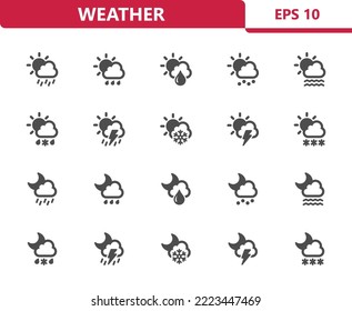 Weather Icons - Forecast, Rain, Raining, Snowing, Cloud, Sun, Moon vector icon set. Professional, pixel perfect icons. EPS 10 format.