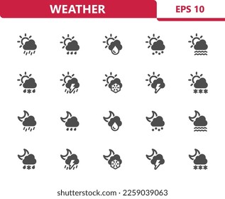 Weather Icons - Forecast, Rain, Raining, Snowing, Cloud, Sun, Moon vector icon set. Professional, pixel perfect icons.