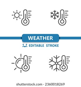 Wettersymbole. Vorhersage, Sonne, Schneeflocken, Thermometer, Sommer, Winter. Professionelle, Pixel perfekte Symbole. EPS10-Format. Bearbeitbarer Stroke.