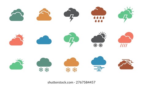 Weather Icons Grid. Solid, filled icon set of cloud weather conditions cloudy sky, rain cloud, thunderstorm