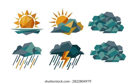 weather, icons, icon, set, sun, clouds, rain, storm, sunny, partlycloudy, overcast, lightning, thunderstorm, cloudy, vector, illustration, flat, design, symbol, symbols, graphic, weatherforecast, meteorology, appicon, presentation, website, orange, yellow, blue, gray, green, colorful, simple, transparent, background, isolated, clean, minimalist, cartoon, clipart, digital, art, stock, image