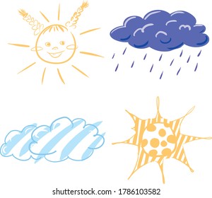 Iconos meteorológicos ilustraciones con sol, nubes, lluvia