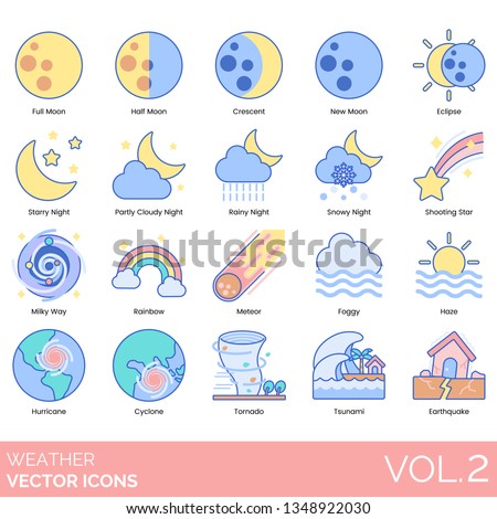 Weather icons including full moon, half, crescent, new, eclipse, starry night, partly cloudy, rainy, snowy, shooting star, milky way, rainbow, meteor, foggy, haze, hurricane, cyclone, tornado, tsunami