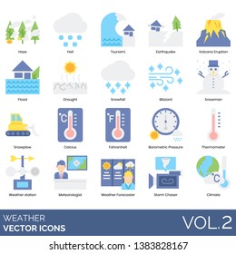 Weather icons including haze, hail, tsunami, earthquake, eruption, flood, drought, snowfall, blizzard, snowman, snowplow, barometric pressure, thermometer, meteorologist, forecaster, storm chaser.