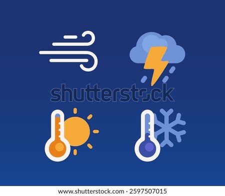 Weather icons including wind, storm, hot and cold temperatures on a dark blue background. Represents meteorology, climate, and weather forecast. Vector illustration