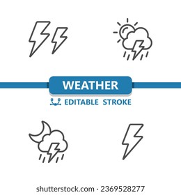 Weather Icons. Lightning Bolt, Storm, Cloud, Rain, Raining Vector Icon. Editable Stroke.