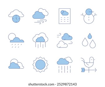 Iconos de Clima. Línea estilo Duotone, carrera editable. ventoso, sol, humedad, nublado, muñeco de nieve, tiempo, Clima vane, Clima, lluvia, nube.