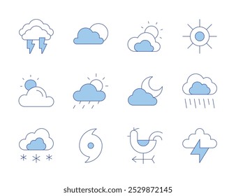 Iconos de Clima. Línea estilo Duotone, carrera editable. nublado, señal de viento, nevando, sol, trueno, Clima, huracán, noche nublada, lluvia.