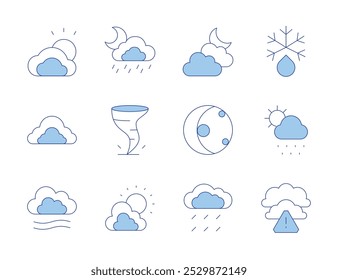 Iconos de Clima. Línea estilo Duotone, carrera editable. mal Clima, nublado, descongelación, niebla, meteorología, fase lunar, lluvia, nevado, tornado, Clima, nubes, noche nublada.