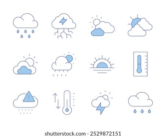 Iconos de Clima. Línea estilo Duotone, carrera editable. lluvia ácida, tormenta, temperatura, puesta del sol, nublado, día lluvioso, lluvioso, termómetro, Clima, lluvia.