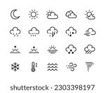 weather icons. Weather line icon set. Sun, rain, thunder storm, dew, wind, snow cloud, sky, clouds, snowflake, wind, rainbow, moon Editable Stroke vector illustrations. 
