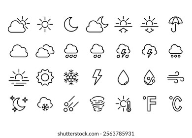 Weather icons. Weather line icon set. Sun, rain, thunder storm, dew, wind, snow cloud, sky, clouds, snowflake, wind, rainbow, moon Editable Stroke vector illustrations.