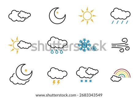 weather icons. Weather line icon set. Sun, rain, thunder storm, dew, wind, snow cloud, sky, clouds, snowflake, wind, rainbow, moon . eps 10