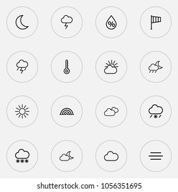 Weather icons line style set with thunderstorm, sunshine, humidity and other overcast elements. Isolated vector illustration weather icons.