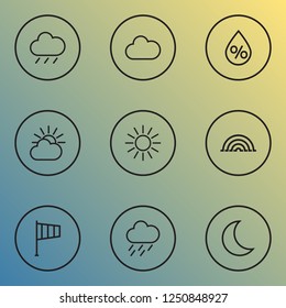 Weather icons line style set with flag, overcast, arc and other rain elements. Isolated vector illustration weather icons.