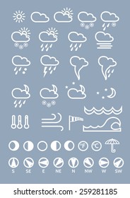 Weather icons line theme on grey background . Set of  thin and clean outline weather icons for web or mobile use, linear style