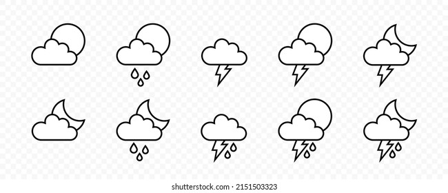 Wettersymbole. Lineare Wettersymbole. Wettervorhersage-Symbole einzeln auf transparentem Hintergrund. Vektorgrafik EPS10