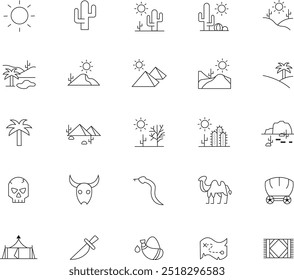 weather icons, a line-style vector minimal set with cactus, sun. mountains, snake