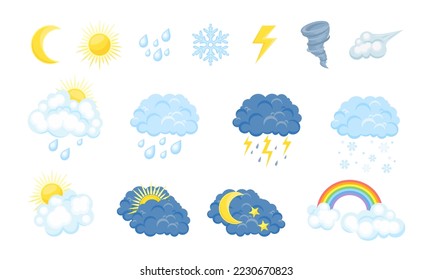 Weather icons. Meteorology forecast pictogram vector set. Symbols of rain, rainbow, sun, moon, winter snow, cloud, wind, lightning.