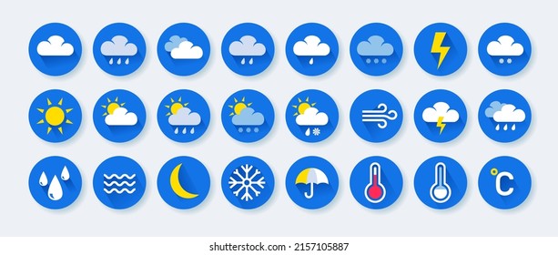 Weather icons. Meteorology forecast round signs. Precipitation and temperature prognosis. Sunny day with bright sunshine. Cloudy sky. Summer rain and winter snow. Vector symbols set