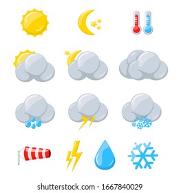 Weather icons for meteorology forecast with sun, moon, cloud and snow. Vector cartoon set of weather symbols with thermometer, windsock and water drop isolated on white background