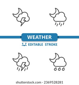 Wettersymbole. Mond, Wolke, Regen, Regen, Sturm, Blitzschlag, Vektorsymbol. Bearbeitbarer Stroke.