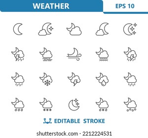 Weather Icons - Moon, Night, Stars, Cloud, Cloudy, Storm Vector Icon Set. Professional, Pixel Perfect Icons. EPS 10 Format.