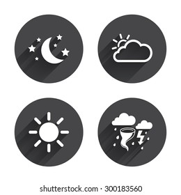 Weather Icons. Moon And Stars Night. Cloud And Sun Signs. Storm Or Thunderstorm With Lightning Symbol. Circles Buttons With Long Flat Shadow. Vector