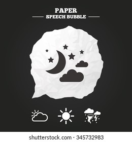 Weather icons. Moon and stars night. Cloud and sun signs. Storm or thunderstorm with lightning symbol. Paper speech bubble with icon.