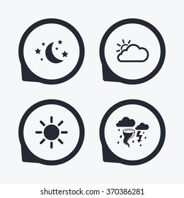 Weather icons. Moon and stars night. Cloud and sun signs. Storm or thunderstorm with lightning symbol. Flat icon pointers.