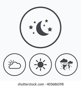Weather icons. Moon and stars night. Cloud and sun signs. Storm or thunderstorm with lightning symbol. Icons in circles.
