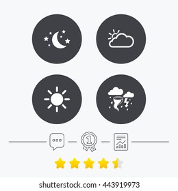 Weather icons. Moon and stars night. Cloud and sun signs. Storm or thunderstorm with lightning symbol. Chat, award medal and report linear icons. Star vote ranking. Vector