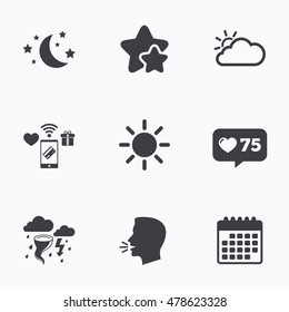 Weather icons. Moon and stars night. Cloud and sun signs. Storm or thunderstorm with lightning symbol. Flat talking head, calendar icons. Stars, like counter icons. Vector