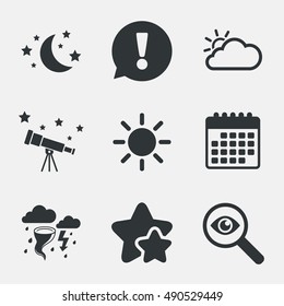 Weather icons. Moon and stars night. Cloud and sun signs. Storm or thunderstorm with lightning symbol. Attention, investigate and stars icons. Telescope and calendar signs. Vector