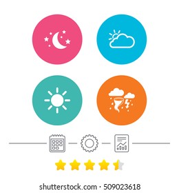 Weather icons. Moon and stars night. Cloud and sun signs. Storm or thunderstorm with lightning symbol. Calendar, cogwheel and report linear icons. Star vote ranking. Vector