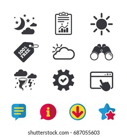 Weather icons. Moon and stars night. Cloud and sun signs. Storm or thunderstorm with lightning symbol. Browser window, Report and Service signs. Binoculars, Information and Download icons. Vector