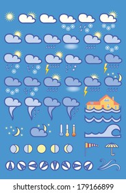 Weather icons on blue background . Vector illustration. 