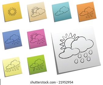Weather icons on colored papers. Vector.
