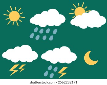 weather icons on a green background Vector illustration in flat style 