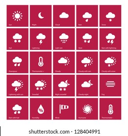 Weather icons on red background. Vector illustration. 