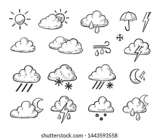 Weather icons outline. Hand drawn illustration converted to vector